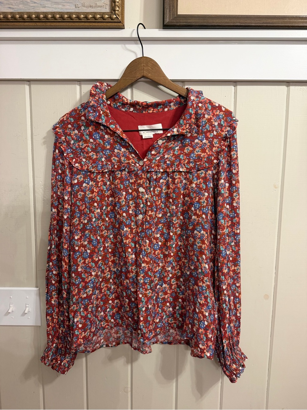 Anthropologie Red Floral Button-Front Ruffle Blouse, Size Large?